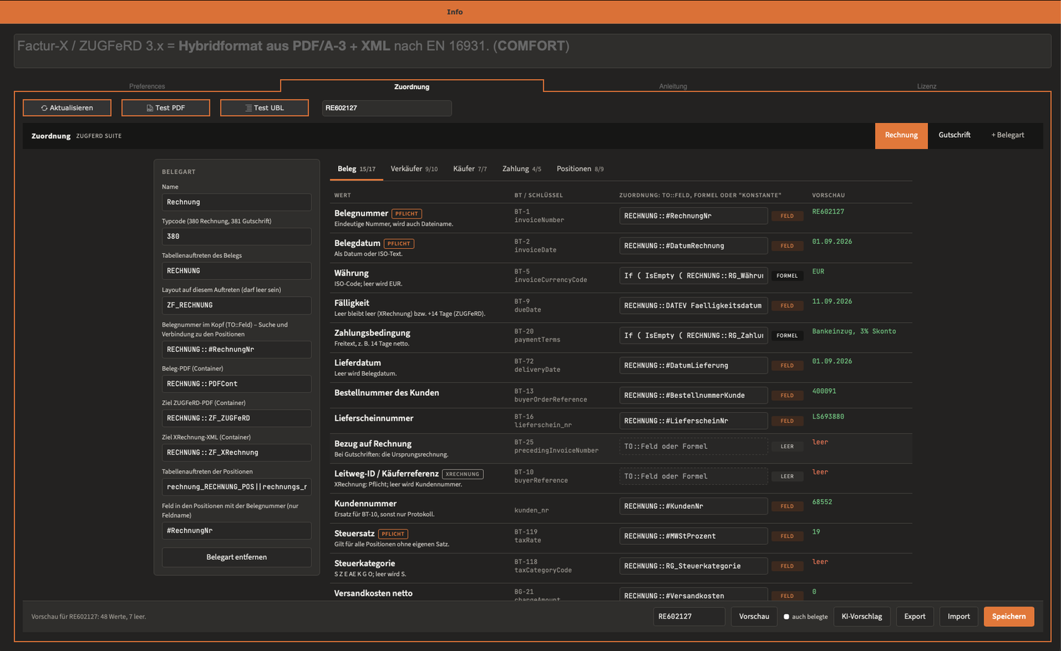 ZUGFeRD Creator V3: the invoice mapping with the preview filled in